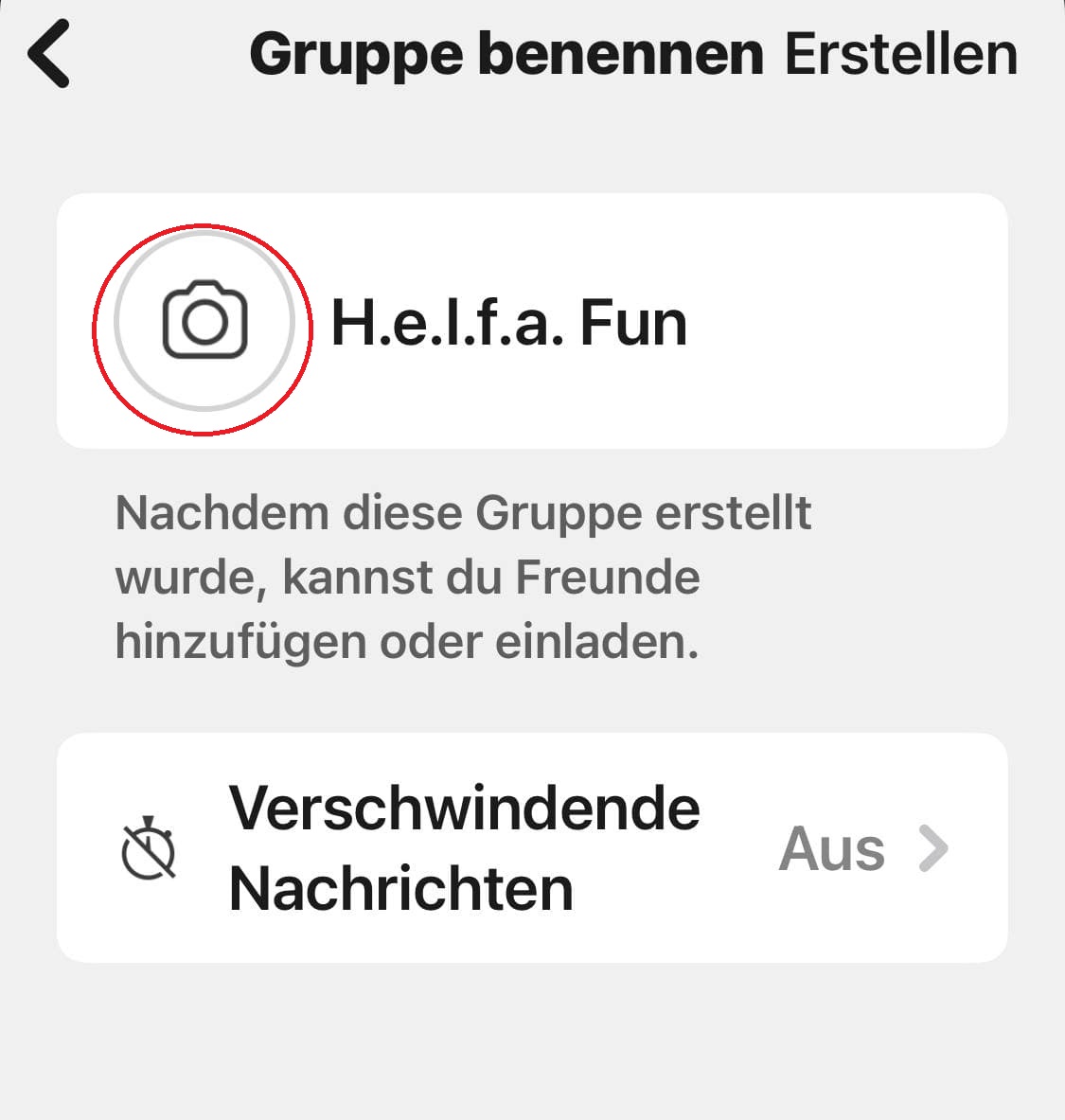 Gebe danach einen Gruppennamen an und füge ein Bild hinzu